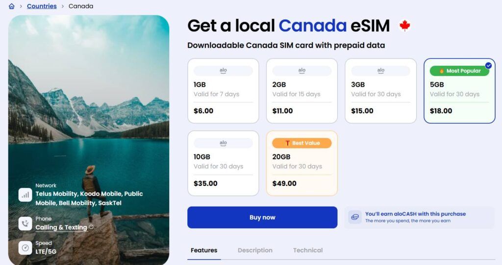 aloSIM Canada eSIM data plans with text and calling