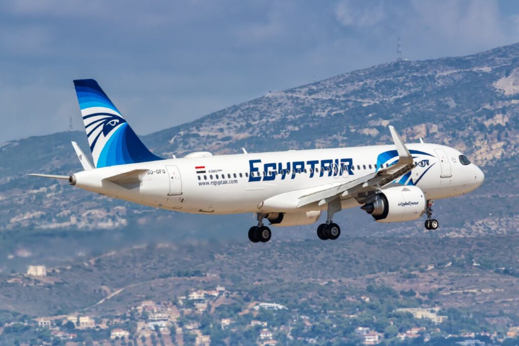 EgyptAir Airbus against a mountainous terrain backdrop