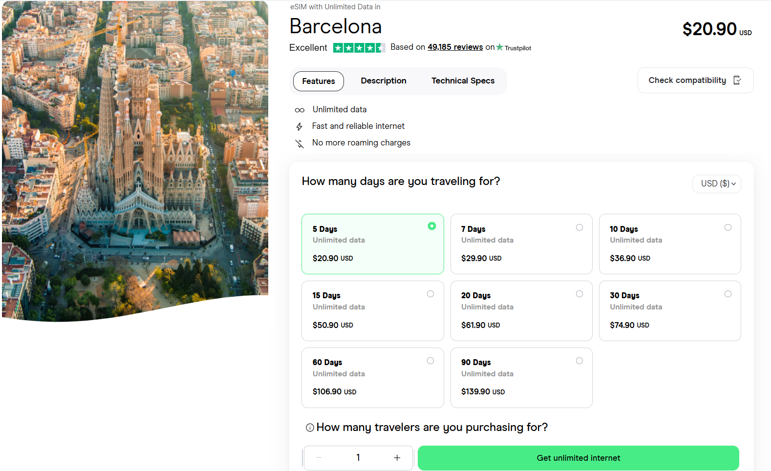 eSIM for Barcelona with unlimited data