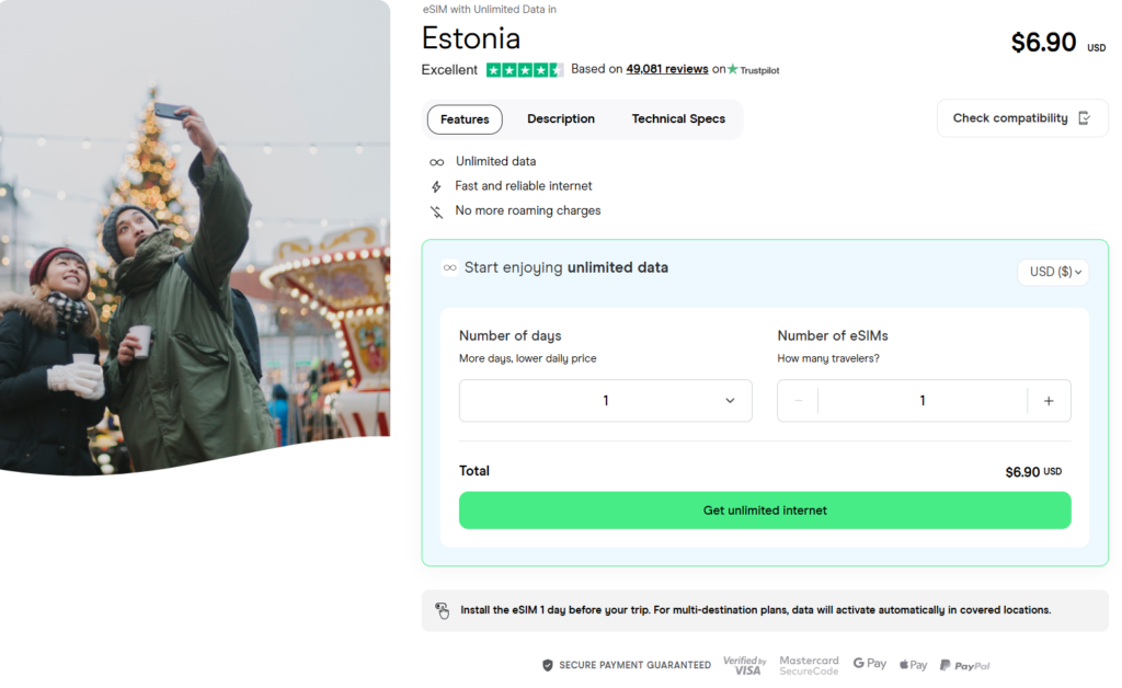 Holafly's eSIM for Estonia with unlimited data 