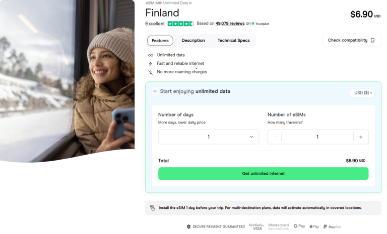 eSIM for Finland with unlimited data and custom day plans