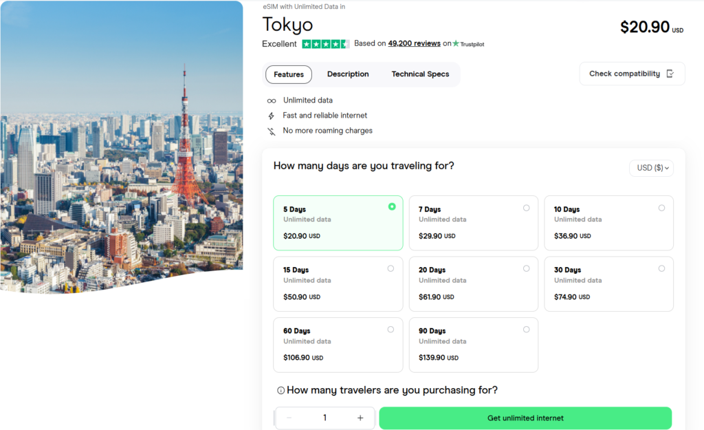 eSIM for Tokyo with unlimited data