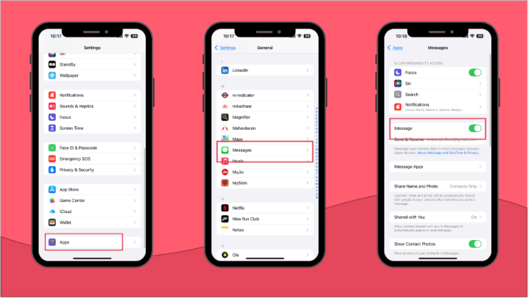 Screenshots of steps to activate iMessage in iPhone 14 Pro Max
