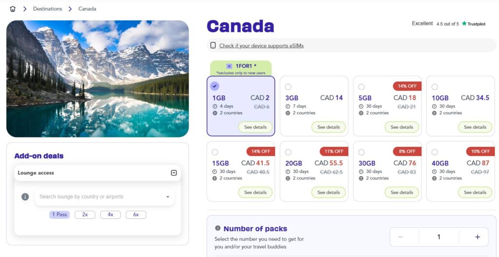 Jetpac Canada eSIM CAD pricing