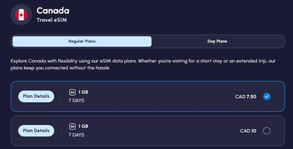 Nomad eSIM regular plans CAD pricing