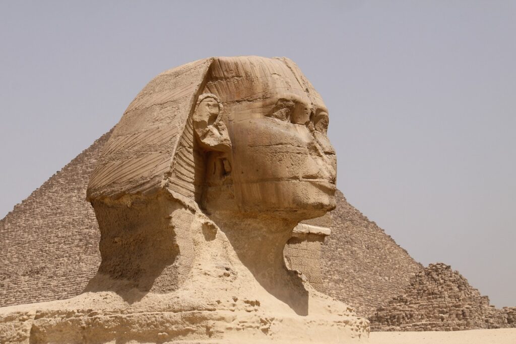 Great Sphinx of Giza, a massive limestone statue with a traditional Egyptian headdress