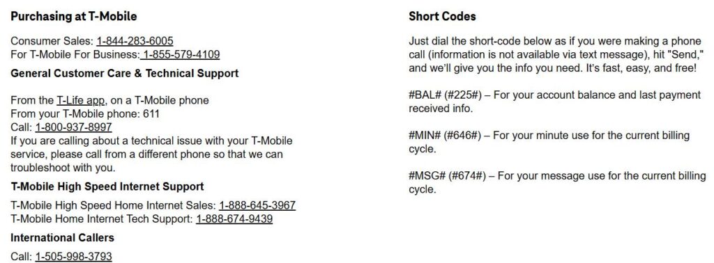 T-Mobile customer support contact numbers