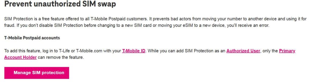 T-mobile SIM protection feature for postpaid users