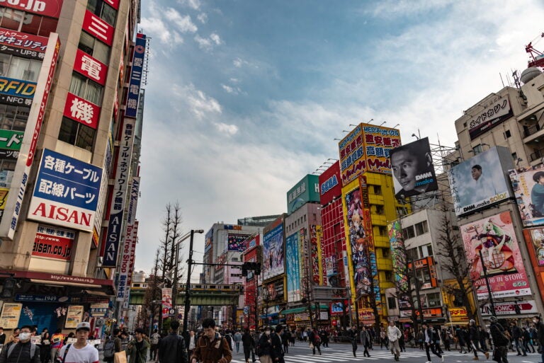 Crowded Streets of Akihabara at sunset, Tokyo, Japan