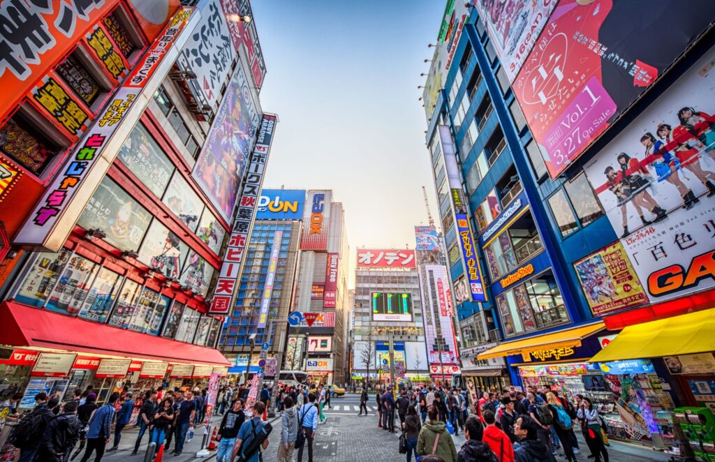 Crowded Streets of Akihabara at sunset, Tokyo, Japan