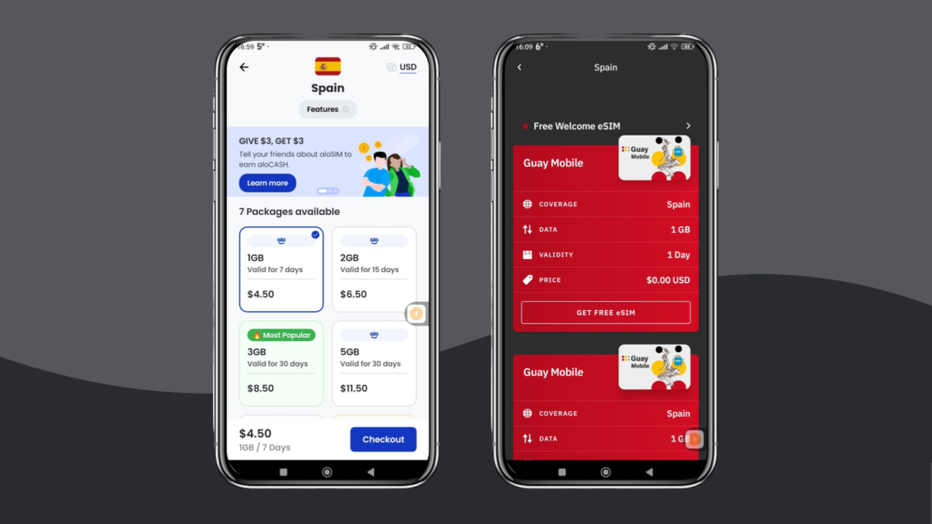 AloSIM and Airalo side-by-side app interface screenshot, depicting plans for Spain