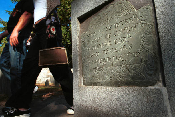 The gravestone of John Hathorne, the judge who presided over the witch trials, at Old Burying Point Cemetery in Salem. Source: Getty Images