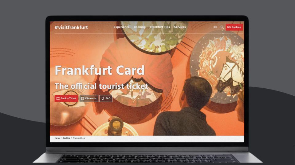 Laptop screen showing the Frankfurt Card website, featuring museum exhibits