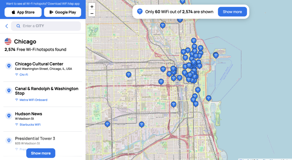 A UI Screen from Wi-Fi Maps website showing a list of free hotspots in Chicago.