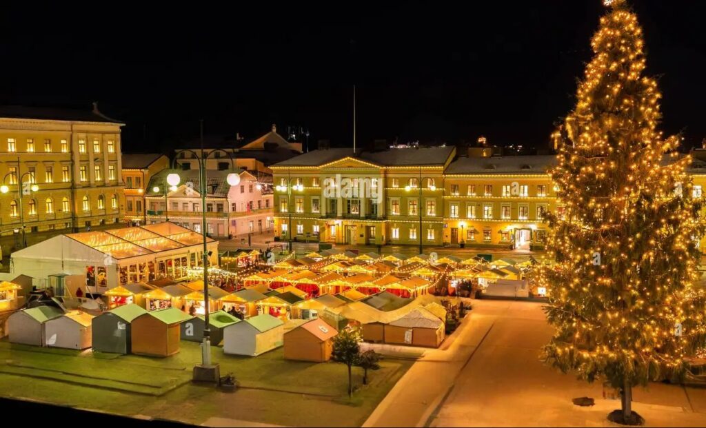 The Helsinki Christmas Market at Senate Square is a Nordic holiday treasure with charming stalls, a magnificent Christmas tree, and traditional Finnish treats. Source: iStock