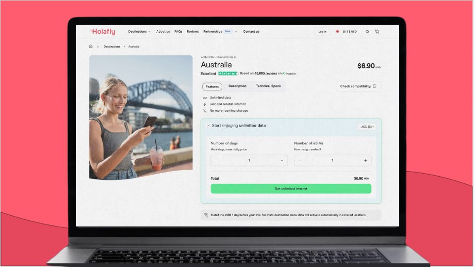 Holafly's eSIM for Australia checkout page