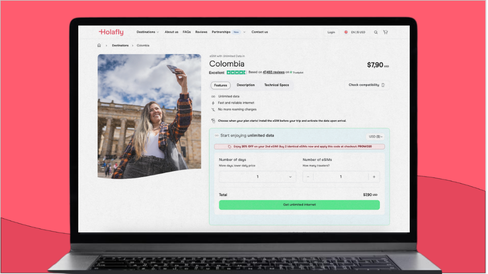 A screenshot of Holalfy's Colombia eSIM checkout page