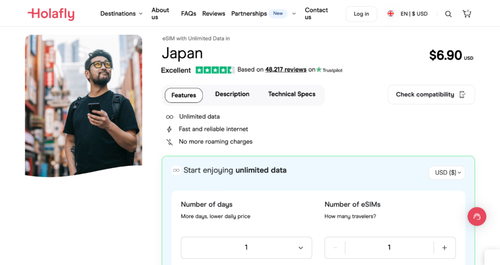 A screenshot displaying Holafly's data plans for the Japan eSIM.
