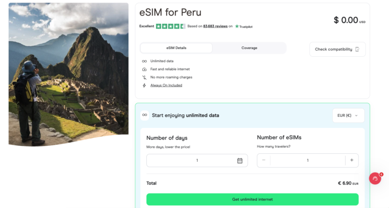 Get an unlimited data eSIM for Peru. 