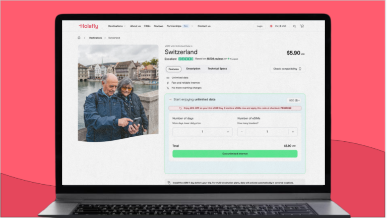A screenshot of Holafly's eSIM for Switzerland