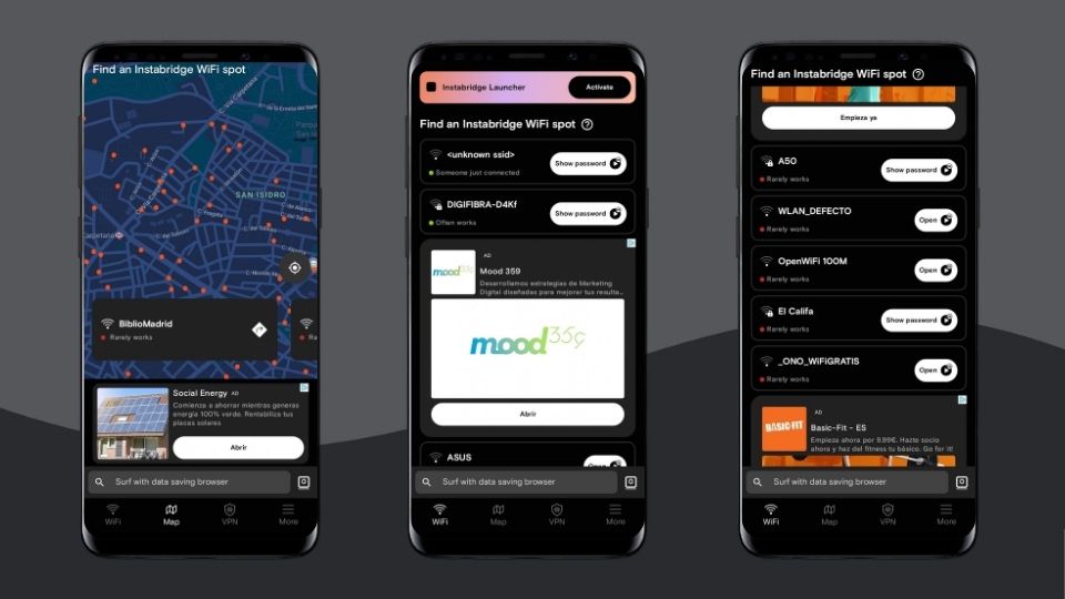  Instabridge mobile app displaying WiFi Map feature, highlighting access to free WiFi hotspots globally, with a user-friendly interface and cost-saving options