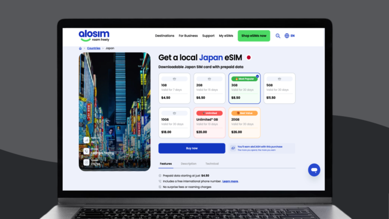 A screenshot depicting AloSIM’s Japan Sim Card options