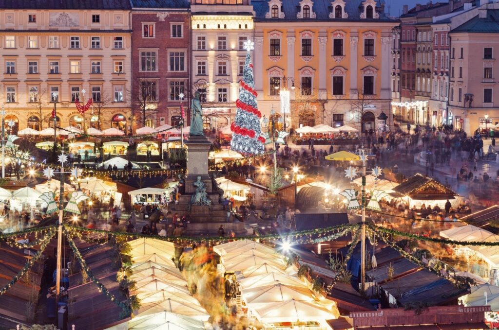 The Main Market Square Christmas Market in Krakow, Poland, is a magical destination filled with twinkling lights.  Source: Shutterstock