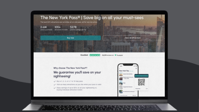 An overview of the New York Pass benefits, including access to over 105 attractions, potential savings per trip, and pass duration options. Source: New York Pass