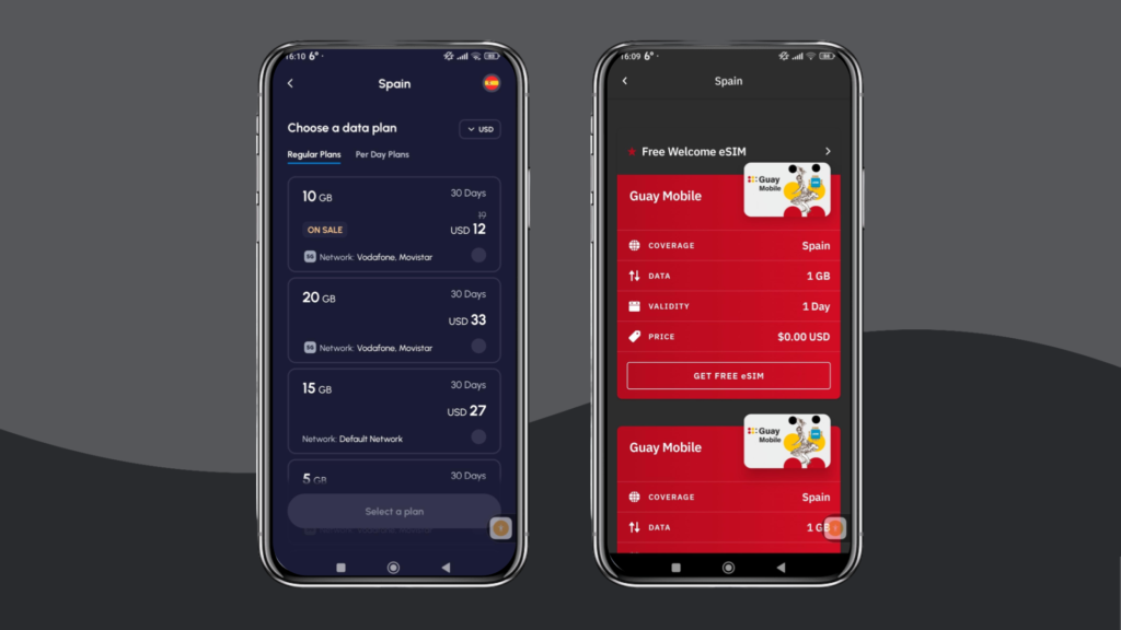 A screenshot of the Nomad and Airalo app side by side, depicting data plans for Spain  