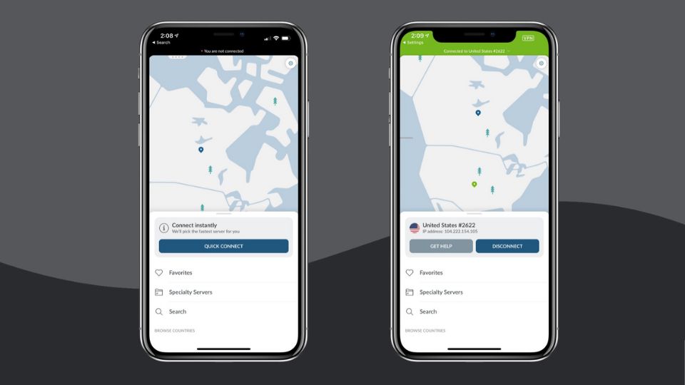 Two iPhones displaying the NordVPN app interface, showing the connection screen with map visuals and server options