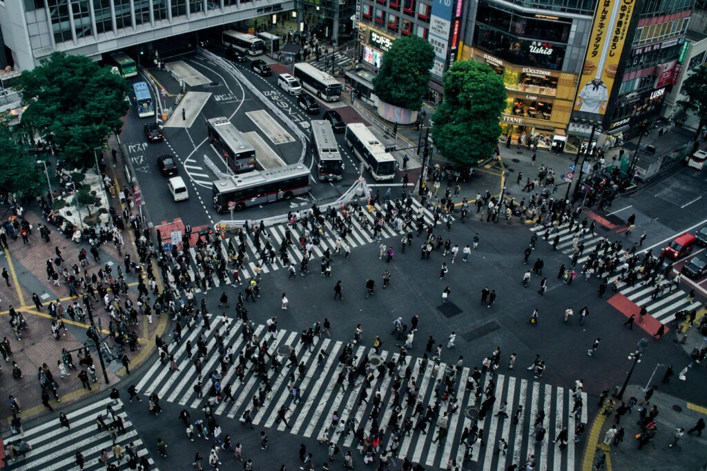 An aerial photo of the Shibuya Crossing; Source: Pexels