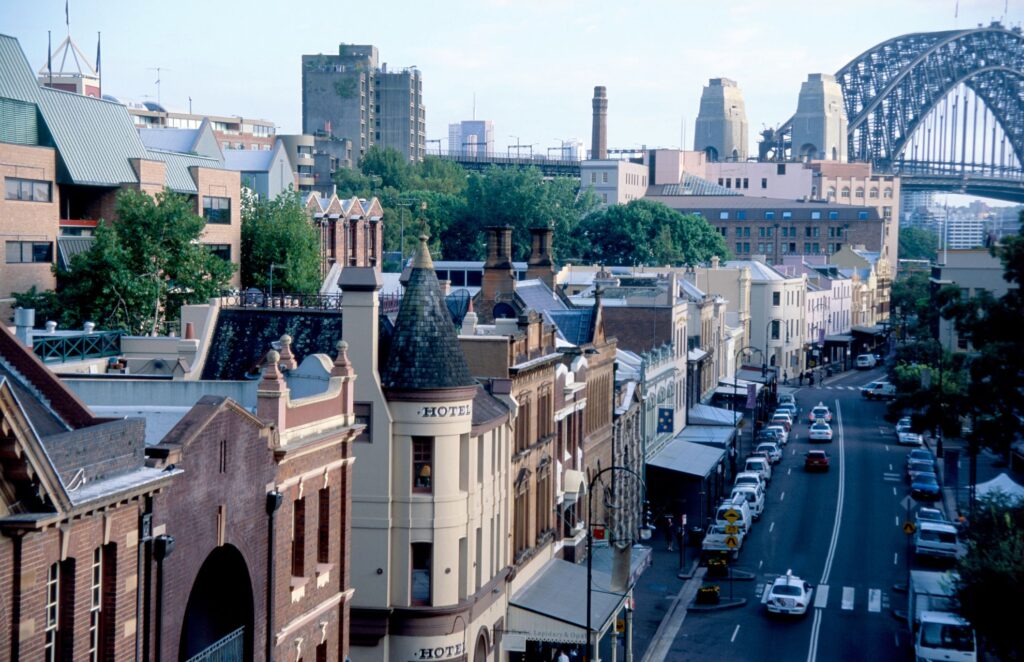 View of The Rocks, historical landmark of Sydney, and the Sydney Harbour Bridge