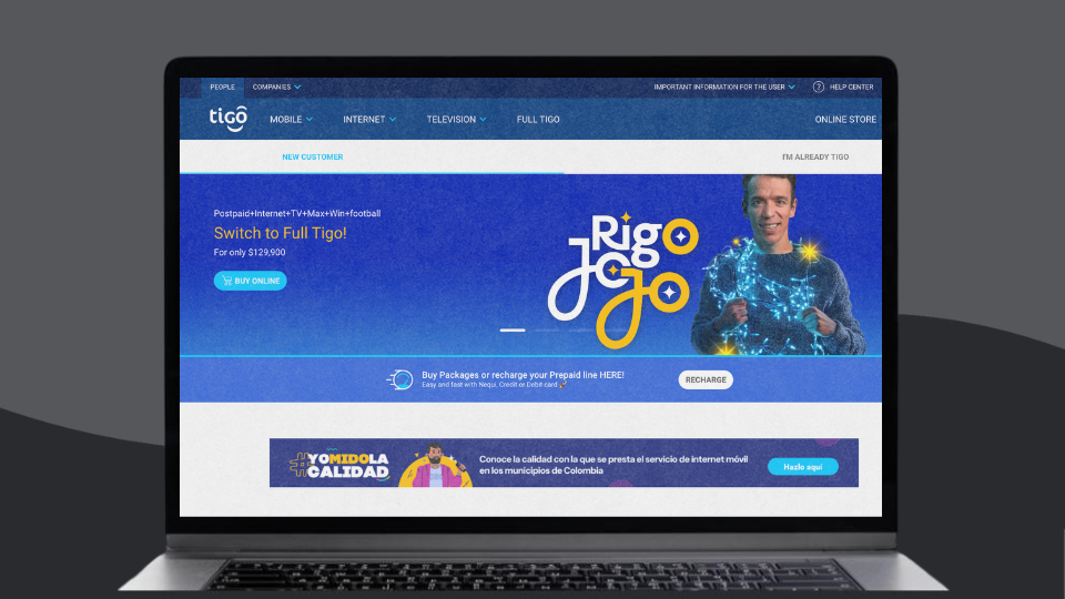 A screenshot of Tigo's homepage