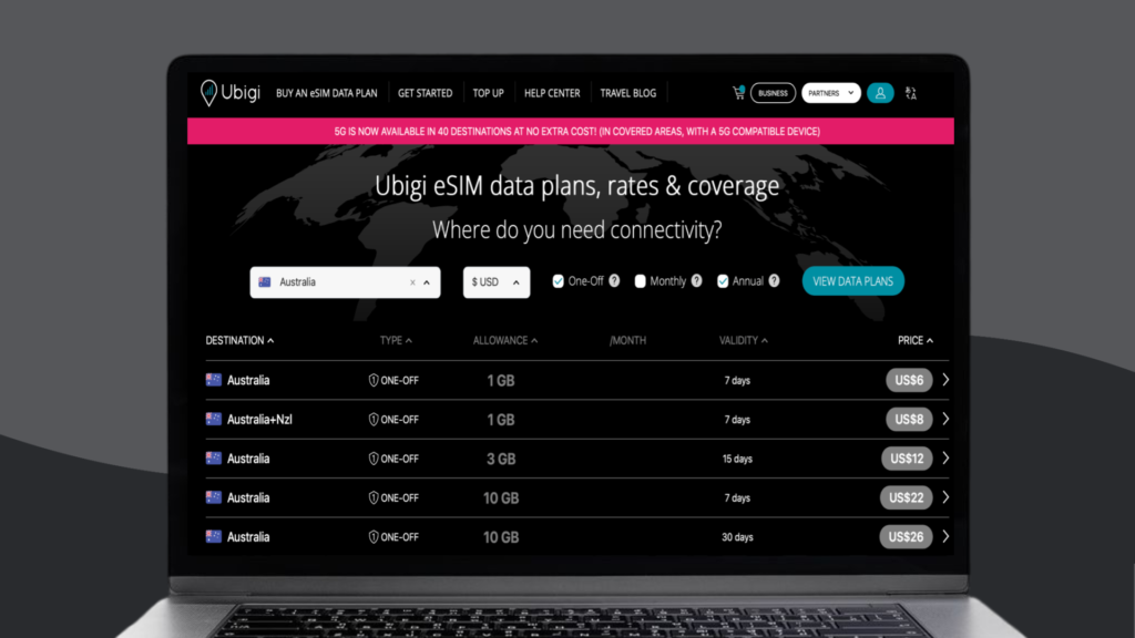 A screenshot with Ubigi's  Australia eSIM plans