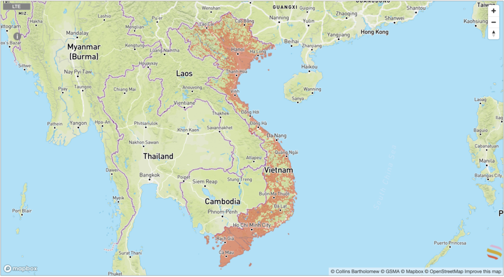 A network coverage area map for Viettel network with the coverage areas highlighted in red.