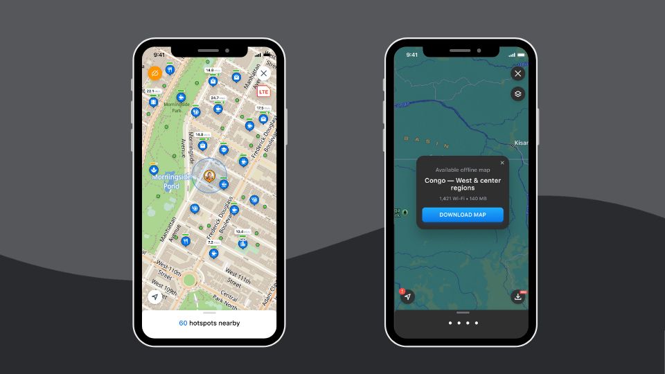 Two iPhones displaying the WiFi Map app interface, one showing available WiFi hotspots on a city map and the other offering an offline map download for Congo regions.