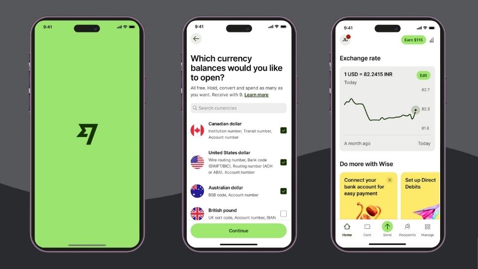 An iPhone displaying Wise's platform for sending money globally, with a breakdown of fees and conversion rates for transferring USD to EUR