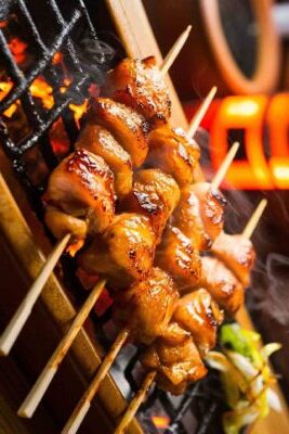 Yakitori (chicken skewers) is one of the most popular street foods in Tokyo.