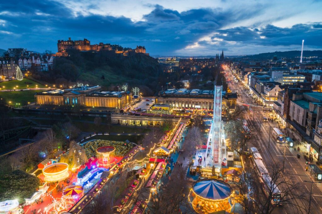 The East Princes Street Gardens Christmas Market in Edinburgh, Scotland, offers a festive extravaganza. Source: iStock