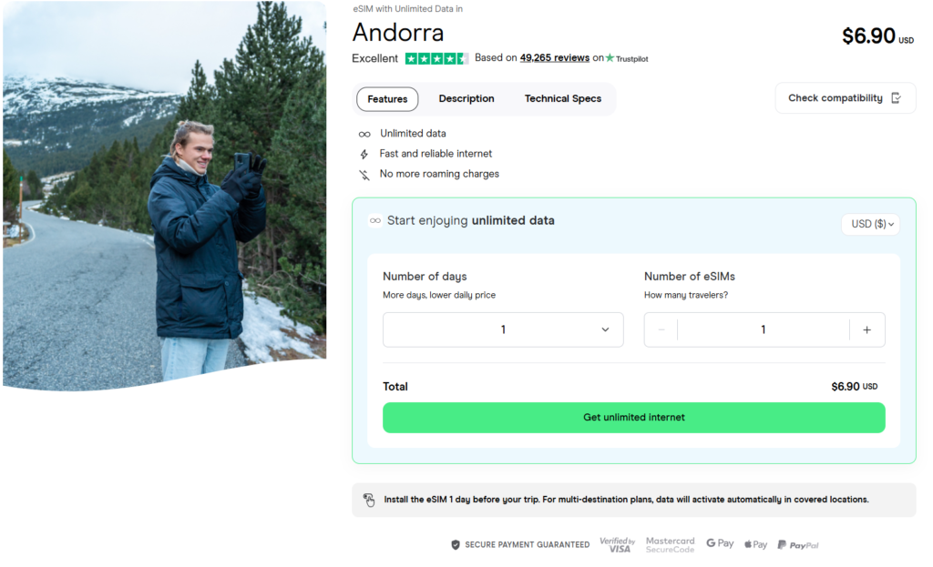 esim with unlimited data for Andorra