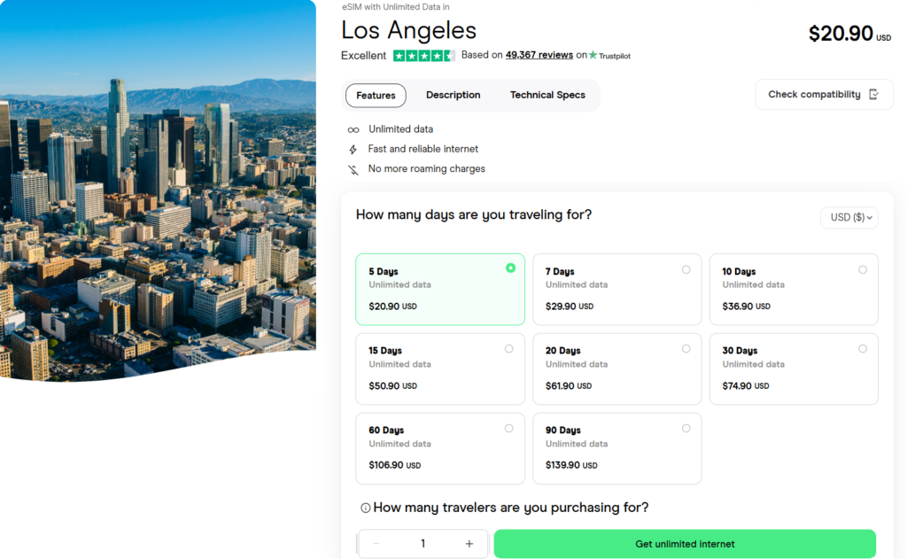 esim for los angeles with unlimited data