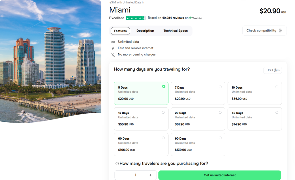 eSIM for Miami with unlimited data