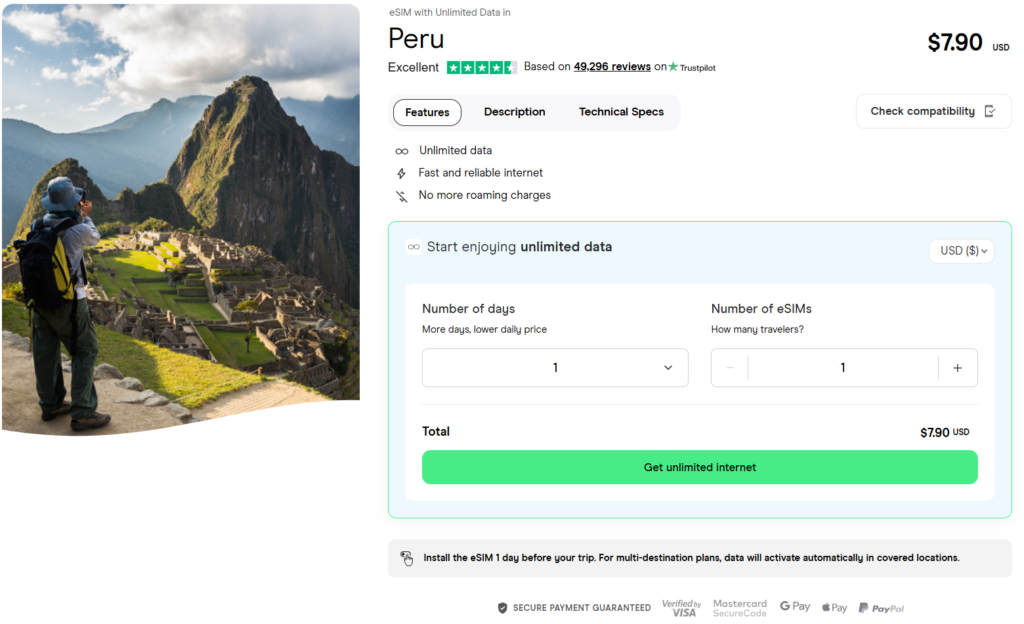 eSIM with unlimited data for Peru