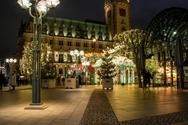Hamburg's Rathaus Christmas market sparkles with red-roofed stalls