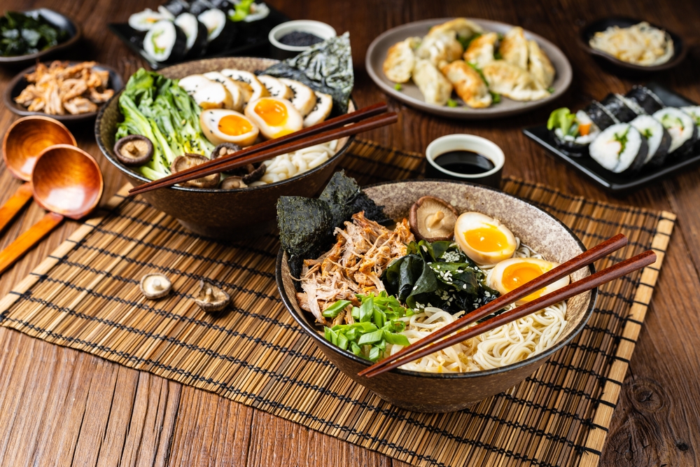 Ramen bowls, sushi, and other local Japanese dishes