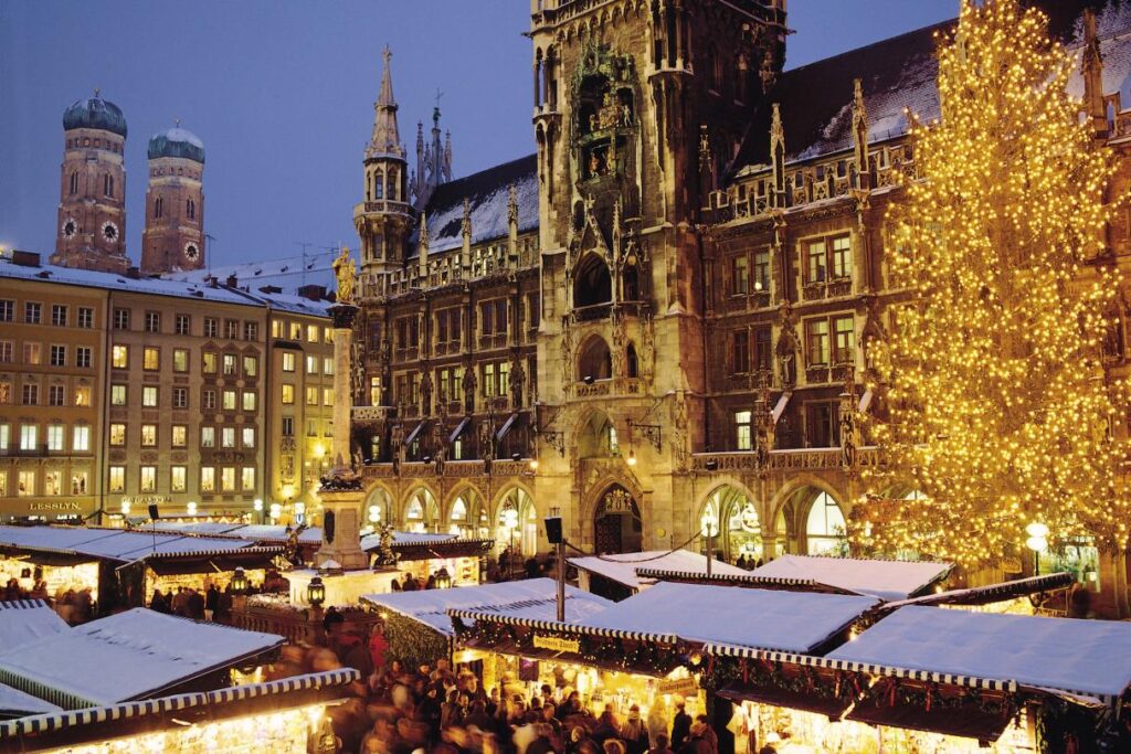 The Marienplatz Christmas Market in Munich, Germany, captures the festive spirit with its charming stalls.  Source: München Tourismus, Christl Reiter