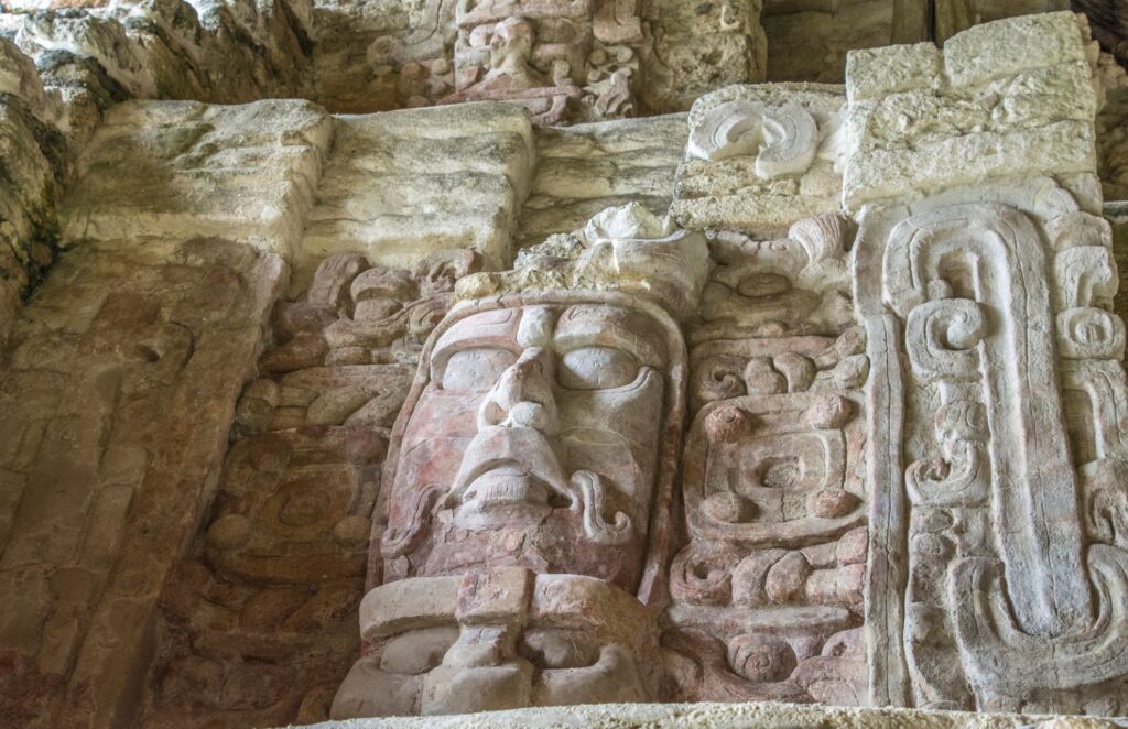 Stone face detail from the Temple of the Masks, Kohunlich
