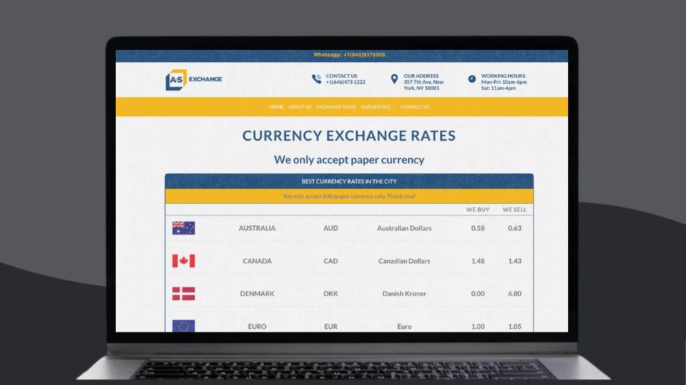 A&S Exchange lists current currency exchange rates on their website for quick reference. Source: A&S Exchange