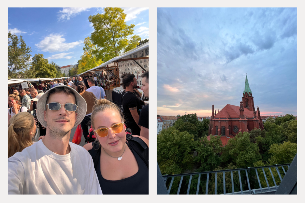 Left: A shot with my friend in the Mauerpark flea market trying on €5 shades — what can go wrong? Right: The view from my apartment in Prenzlauer Berg was like living in a time gone by, but with iPhones.