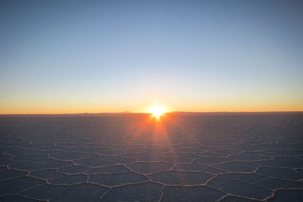 Sun rising at Salar de Uyuni, Bolivia.